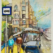 The Trolleybus No 17725, Riga, Latvia. Ilustração arquitetônica, Desenho, Artes plásticas, Esboçado, e Pintura em aquarela projeto de Elīna Kokareviča - 15.07.2020