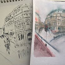 My project in Architectural Sketching with Watercolor and Ink course. Ilustração arquitetônica, Ilustração com tinta, Esboçado, e Pintura em aquarela projeto de vivian_8 - 04.08.2020
