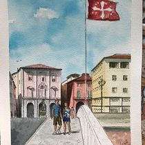 PISA: Piazza Garibaldi e il Ponte di Mezzo.   A glimpse of my city. ... Arquitetura, Arte urbana, Ilustração arquitetônica, e Pintura em aquarela projeto de mirtillo52 - 17.08.2020