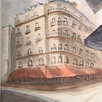 En una esquina de Paris hay un café con un toldo rojo . Desenho artístico projeto de Maria de las Mercedes Villagra - 28.11.2020