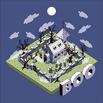 Ilustración vectorial isométrica: Cementerio. Ilustração vetorial projeto de Alejandra Moreira - 27.12.2020