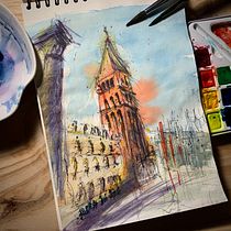 Venecia en acuarela, plaza San Marcos. Sketching, Drawing, Watercolor Painting, Architectural Illustration, Sketchbook, Ink Illustration, and Traditional illustration project by Sebastian Lizama Oyarzun - 12.20.2020