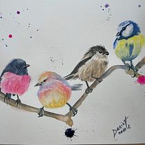 Four birds on a branch!. Projekt z dziedziny Malowanie akwarelą użytkownika Danielle Hudon - 18.12.2020