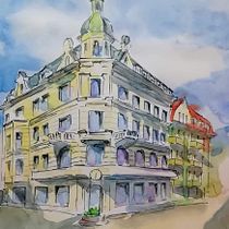 My project in Architectural Sketching with Watercolor and Ink course. Sketching, Drawing, Watercolor Painting, Architectural Illustration, Sketchbook & Ink Illustration project by Agni Kuokkanen - 01.21.2021