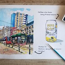 Una vista del Downtown de Houston, TX.. Street Art, Watercolor Painting, and Sketchbook project by Antonio Pimentel - 02.25.2021