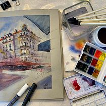 My copy along --- Architectural Sketching with Watercolor and Ink course. Watercolor Painting project by Iris Chen - 03.07.2021