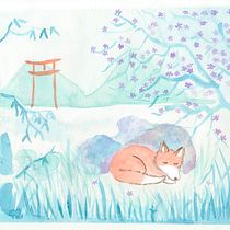 Final Project "Watercolor with Japanese Influence" : Kitsune sleeping at the lake. Een project van Traditionele illustratie y Aquarelschilderen van sophieginger - 17.03.2021