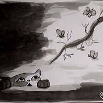 Meu projeto do curso: gatinho com borboletas. Een project van  Illustratie met inkt van co_picarelli_elisa_15 - 02.04.2021
