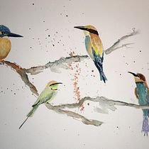 A little group of Bee-eaters. Watercolor and ink.. Watercolor Painting project by hahawolf - 03.29.2021