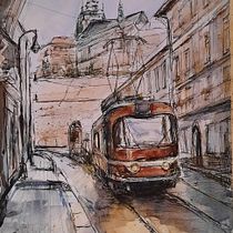 My project in Architectural Sketching with Watercolor and Ink course - Prague Tram. Ilustração arquitetônica, Ilustração com tinta, e Pintura em aquarela projeto de catherine_bevan1 - 31.03.2021