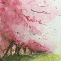 Paraje guardado por pulquérrimos cerezos en flor.. Een project van Traditionele illustratie y Aquarelschilderen van Nikos Chalavazis - 01.04.2021