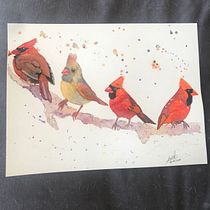 Four cardinals on a branch. Watercolor Painting project by Sandra Cabrera Patiño - 04.18.2021