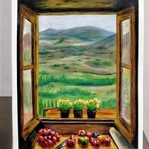 Paisaje a través de una ventana con bodegón pequeño. Pintura, Pintura em aquarela, Pintura Acrílica, e Pintura a óleo projeto de William Cisneros Guerra - 13.04.2021