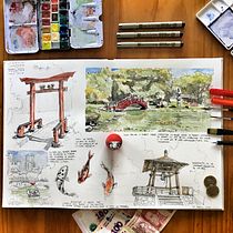 Cuaderno de viaje en acuarela: Jardín Japonés, Buenos Aires, Argentina. Ein Projekt aus dem Bereich Architektur, Zeichnung, Architektonische Illustration und Aquarellmalerei von Cristián Muñoz Viveros - 27.04.2021