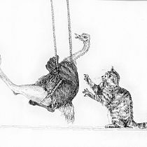 Ostrich on swing pushed by a cat Ein Projekt aus dem Bereich Traditionelle Illustration, Bleistiftzeichnung, Zeichnung, Realistische Zeichnung, Artistische Zeichnung und Illustration mit Tinte von Joan Brons - 26.04.2021