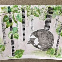 Balou sleeping under the birch tree.. Traditional illustration, Painting, Drawing, Watercolor Painting, Ink Illustration, and Naturalistic Illustration project by Els Schreijer - 03.20.2021
