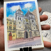 Mosteiro de São Bento/SP. Sketching, Drawing, Watercolor Painting, Architectural Illustration, Sketchbook, Ink Illustration, and Traditional illustration project by Daniel Carvalho dos Santos - 07.31.2021