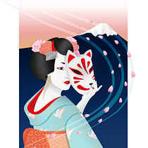 Kitsune Geisha. Een project van Traditionele illustratie, Vectorillustratie, Digitale illustratie y Redactionele illustratie van sianhulse - 14.09.2021
