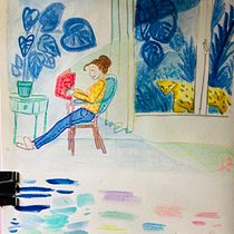 Autoportrait au guépard. Traditional illustration, Sketching, Creativit, Drawing, Watercolor Painting, Sketchbook, and Gouache Painting project by roxelane - 09.30.2021