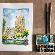 Boceto 1 para cuaderno de viajes: Sagrada Familia. Traditional illustration, Watercolor Painting, Architectural Illustration, and Sketchbook project by Mario García González - 10.31.2021