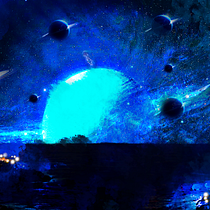 Como proyecto final de este curso , hice este tipo planeta varado con un astronauta perdido  , observando  la belleza pero a su vez la aniquilación de los demás planetas que están alrededor por  un agujero negro.  . Projekt z dziedziny Trad, c, jna ilustracja, Ilustracja c, frowa, Gr, komputerowe, Concept art i Retuszowanie fotografii użytkownika Brandon Cortez Egaña - 24.11.2021