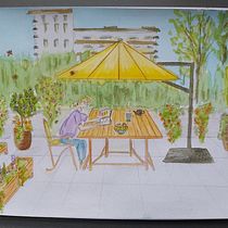 My project in Exploratory Sketchbook: Find Your Drawing Style course. Self portrait on patio.. Sketching, Creativit, Drawing, Watercolor Painting, Sketchbook, Gouache Painting, and Traditional illustration project by Natalia Cheinman - 12.03.2021