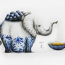 ElephanTEA in porcelain (with TEArtle & Shell). Painting, Pencil Drawing, Drawing, Watercolor Painting, and Artistic Drawing project by miro.pobox - 12.12.2021