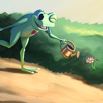 Glass Frog Gardener. Traditional illustration, Character Design, Drawing, and Digital Illustration project by Kateri - 01.17.2022
