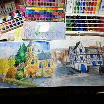 My project in Watercolor Travel Journal course. Projekt z dziedziny Trad, c, jna ilustracja, Malowanie akwarelą,  R, sunek architektoniczn i Sketchbook użytkownika Erzsébet Sofró - 08.01.2022