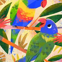 Rainbow Lorikeets, Gareth Lucas style. Traditional illustration, and Digital Illustration project by Mel Matthews - 01.11.2022