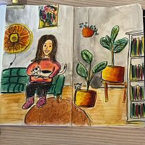Self-portrait on my couch. Ilustração tradicional, Esboçado, Criatividade, Desenho, e Sketchbook projeto de amy1985 - 27.01.2022