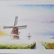 Dutch mills in morning nebula. Projekt z dziedziny  Sztuki piękne,  Malarstwo i Malowanie akwarelą użytkownika fhacken - 13.03.2022
