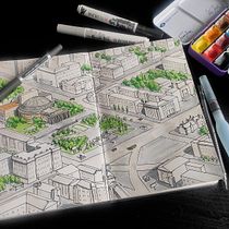 "Central Square" - My project for course: The Art of Sketching Ein Projekt aus dem Bereich Traditionelle Illustration, Bleistiftzeichnung, Zeichnung, Sketchbook, Aquarellmalerei und Skizzenentwurf von Timofei - 10.02.2022