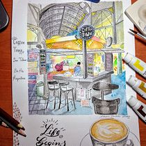 Café del mercado. Traditional illustration, Watercolor Painting, Architectural Illustration, and Sketchbook project by marianaolivera83 - 05.28.2022