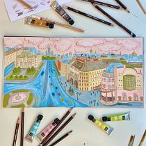 A view of Lubyanka Square from top of the Central Children’s store in Moscow.. Ilustração tradicional, Esboçado, Desenho, Ilustração arquitetônica, Sketchbook, e Pintura guache projeto de Valentina - 11.07.2022