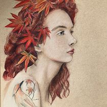 woman in Japanese red maple tree. Un progetto di Illustrazione tradizionale, Belle arti, Disegno a matita, Disegno, Disegno di ritratti, Disegno realistico e Disegno artistico di arteimmagine25 - 10.07.2022