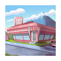 Lucy's diner: Digital Background Painting for Animation. Projekt z dziedziny Trad, c, jna ilustracja,  Animacja, Ilustracja c, frowa, Malarstwo c i frowe użytkownika wild_bloody_art - 04.08.2022