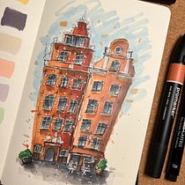 My project for course: Expressive Architectural Sketching with Colored Markers. Sketching, Drawing, Architectural Illustration, Sketchbook & Ink Illustration project by Celina Rydén - 09.07.2022