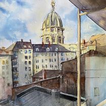 View of a friend´s balcony in the morning in Mainz, Germany. Sketching, Drawing, Watercolor Painting, Architectural Illustration, Sketchbook & Ink Illustration project by daniela_schaum - 09.19.2022