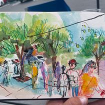While brunching in Santa Monica, California. Traditional illustration, Sketching, Drawing, Watercolor Painting, Architectural Illustration, and Sketchbook project by stefaniac75 - 10.16.2022