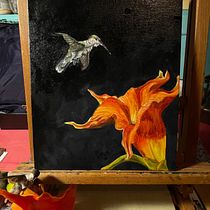 Hummingbird Tackles Giant Nectar  by Nancy Erickson Dutmer, Chetek, WI. Fine Arts, Painting, Oil Painting, and Naturalistic Illustration project by bkfhcvzbqb - 11.09.2022