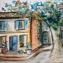  Mon premier croquis. Merci pour ce cours, assise sur un banc tôt ce matin, je me suis bien amusée. Je n'ai pas utilisé de marqueurs mais des pastels. Mais l'idée y est non ?. Sketching, Drawing, Architectural Illustration, Sketchbook & Ink Illustration project by nath297 - 11.24.2022