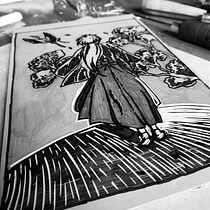 Rurouni Kenshin (Linocut Printmaking). Un proyecto de Ilustración tradicional, Artesanía, Bellas Artes, Estampación, Ilustración con tinta, Diseño y Cómic de Javier Gentili - 10.01.2023