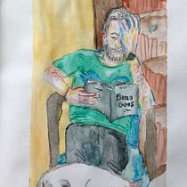 Él y Rima, tarde tranquila. Fine Arts, Pencil Drawing, Drawing, Portrait Drawing, Realistic Drawing, Figure Drawing, and Gouache Painting project by Juliana MT - 03.01.2023