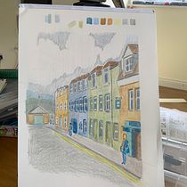 Portree, Isle of Skye: coloured pencil in sketchbook. Traditional illustration, Sketching, Drawing, Artistic Drawing, Sketchbook, Fine Arts, and Pencil Drawing project by esmereldasunset - 03.14.2023