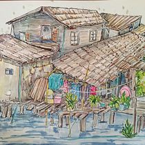 My project for course: Expressive Architectural Sketching with Colored Markers   Houses on the klong in Bangkok. Een project van  Schetsen,  Tekening,  Architecturale illustratie, Sketchbook y  Illustratie met inkt van Helena Maria - 28.03.2023