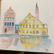 Mijn project van de cursus: Creëer expressieve architecturale schetsen met kleurstiften. Een project van  Schetsen,  Tekening,  Architecturale illustratie, Sketchbook y  Illustratie met inkt van Mieke Rogge - 22.04.2023