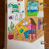 Mi proyecto del curso: Yo en mi escritorio con vista al paraíso. Un proyecto de Ilustración tradicional, Bocetado, Creatividad, Dibujo, Pintura a la acuarela, Sketchbook y Pintura gouache de tamsmacias - 07.05.2023