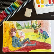 Katya Summers: me and my baby reading . Traditional illustration, Sketching, Creativit, Drawing, Watercolor Painting, Sketchbook, and Gouache Painting project by ekaterina_2010 - 05.24.2023