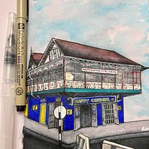 Happy Corner Bar: Architectural Sketching with Watercolor and Ink. Esboçado, Desenho, Pintura em aquarela, Ilustração arquitetônica, Sketchbook e Ilustração com tinta projeto de anathaiachong - 09.07.2023